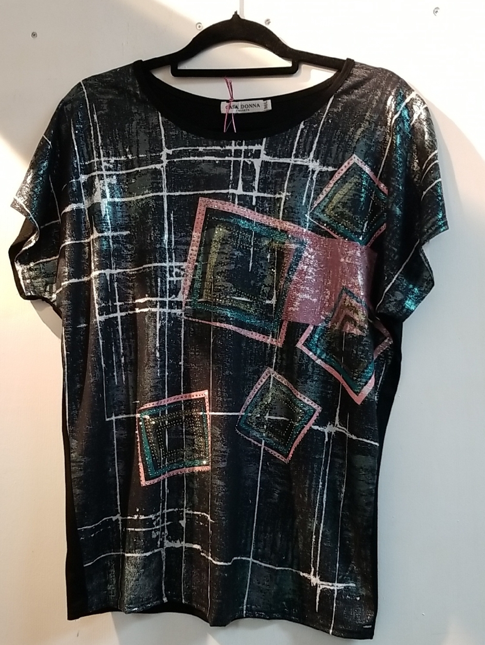 Casa Donna Black Short Sleeve Metallic Geometric Tee